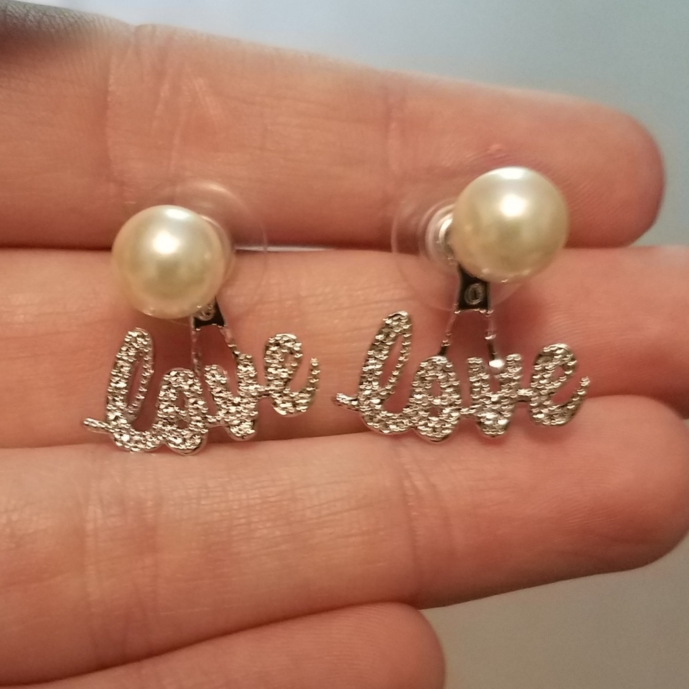 Pearl Stud Earrings with Crystal 'Love' Jacket